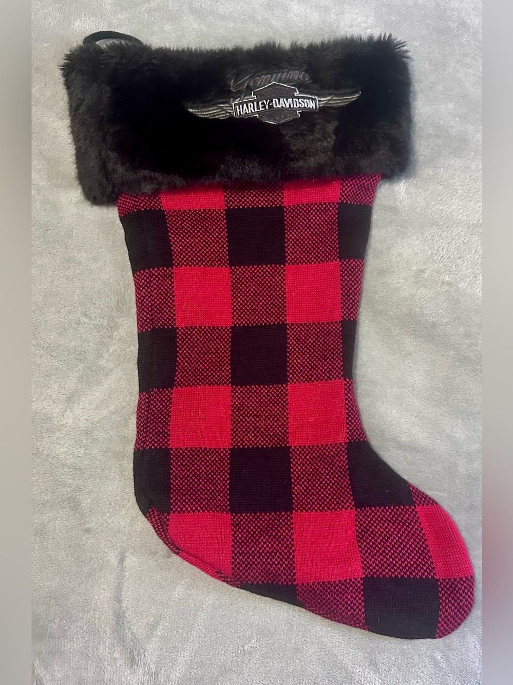 Harley-Davidson Black Faux Fur Cuff Red and Black Buffalo Plaid Stocking